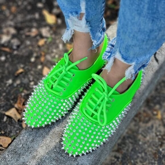 Women's Neon Green Silver Studded Lace Up Flat Oxford Shoes - Picture 3 of 5